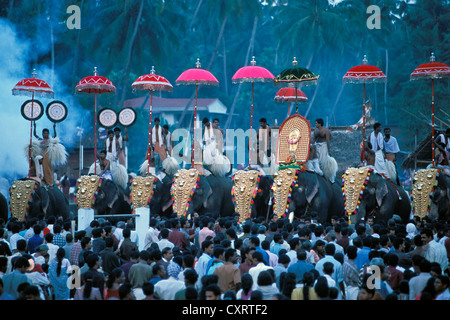 Elephant parade, près de Sree Sastha Temple, Arattupuzha Pooram festival, près de Thrissur, Kerala, Inde du Sud, Inde, Asie Banque D'Images