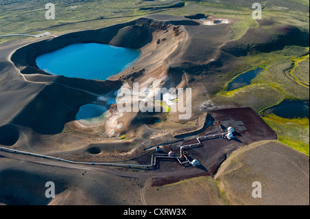 Vue aérienne, Stora Víti Crater Lake au volcan Krafla, partie de la centrale géothermique de Krafla, M vatn ou Myvatn Banque D'Images