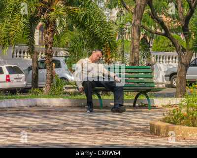 Un homme adulte pan sur le banc d'un parc, à l'ombre des arbres, tout en prenant une pause de son travail de bureau dans un parc de la ville d'Asunción. Banque D'Images