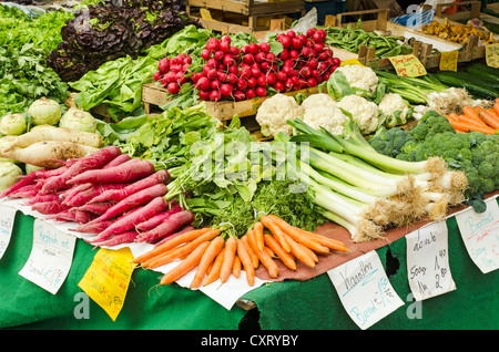 Les carottes fraîchement récolté, radis rouge, poireaux, radis, chou-rave, le brocoli, la laitue à l'hebdomadaire Farmers' Market à Freiburg Banque D'Images