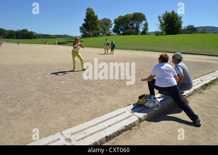 En ligne de départ dans le stade, l'ancienne Olympia, Elis, ouest de la Grèce, Grèce Région Banque D'Images