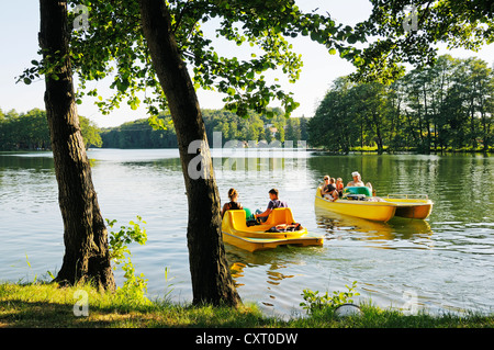 Les gens dans le pédalo à Lagower Voir le lac, Lagow, Lubusz Voïvodie de Lubusz, terre ou Province Lubuskie, Pologne, Europe Banque D'Images