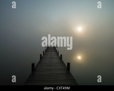 Jetée sur le lac Woerthsee dans le brouillard, Bavaria, Germany, Europe Banque D'Images