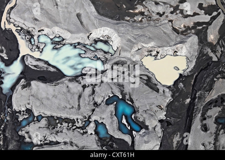 Vue aérienne, les étangs et les mares laissées par la fonte des glaciers, sur le nord-ouest de l'Islande, glacier Vatnajoekull Banque D'Images