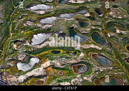 Vue aérienne, les étangs et les mares laissées par la fonte des glaciers, sur le nord-ouest de l'Islande, glacier Vatnajoekull Banque D'Images