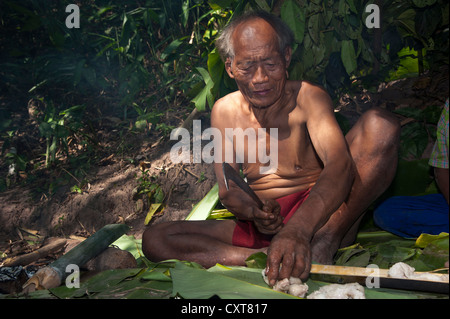 Un homme âgé du Mrabri Yumbri Mlabri,,, Ma Ku ou «spiritueux de la feuilles jaunes' hill tribe, minorité ethnique, les nomades Banque D'Images