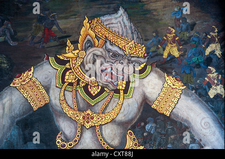 Peintures murales dans le Ramakien Phra Rabieng gallery, la vue de détail, Wat Phra Kaeo, le Grand Palais ou Palais Royal, Bangkok, Thailande, Asie Banque D'Images