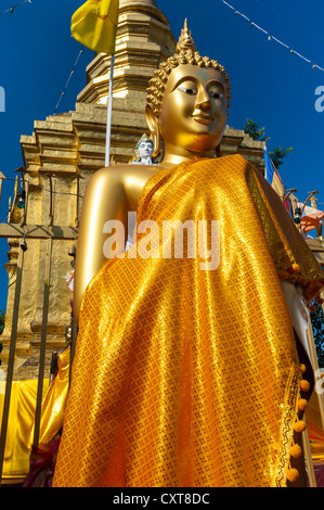 Statue de Bouddha Doré debout en face de la pagode d'or ou Chedi, Wat Phra That Doi Wao Temple de Mae Sai, l'extrême nord de la Banque D'Images