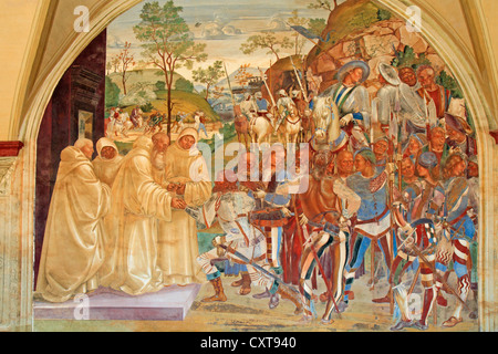 Série de fresques illustrant la vie de saint Benoît, fresque de Signorelli, scène 28, Benoît recevant le roi Totila, Banque D'Images