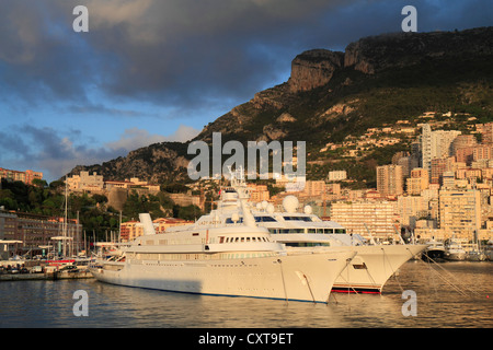 Port Hercule au petit matin avec les croiseurs Atlantis II et Lady Moura, Principauté de Monaco, Côte d'Azur Banque D'Images