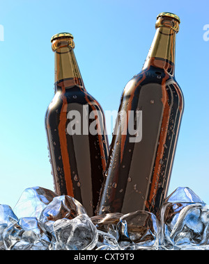 Des bouteilles de bière des cubes de glace, 3D illustration Banque D'Images