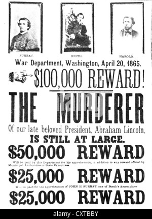 ABRAHAM LINCOLN 1865 Ministère de la guerre des États-Unis Affiche publicitaire de récompense pour la capture de l'assassins présumés Banque D'Images