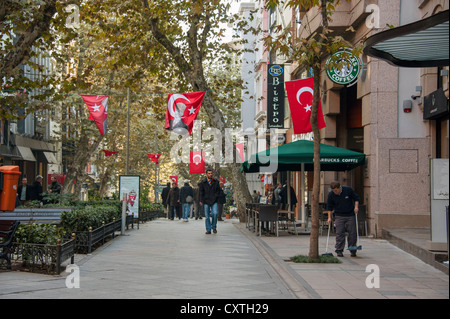 Rue piétonne avec de grands drapeaux turcs près du Grand Bazar à Istanbul Turquie Banque D'Images