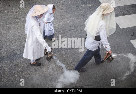 Les apiculteurs en costume à l'Autrefois le défilé Couserons à St. Girons, Midi-Pyrenees, France. Usage éditorial. Banque D'Images