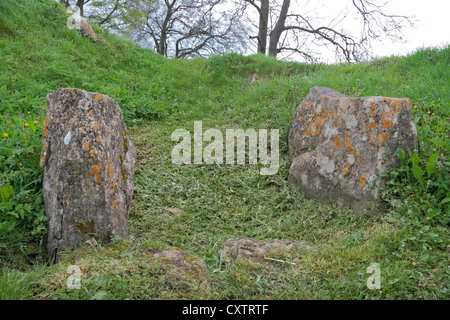 L'entrée de 'faux' pour Moulin Tump Long Barrow Rodmarton, une tombe néolithique chambré, Gloucestershire, Royaume-Uni. Banque D'Images