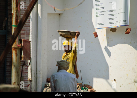 Matériaux de construction worker carrying sur sa tête Banque D'Images