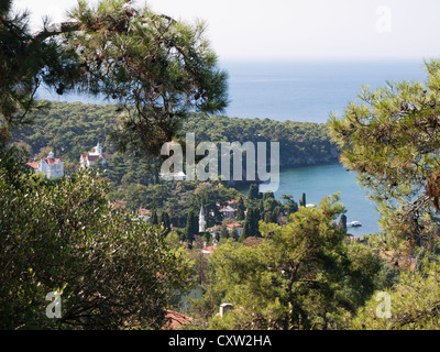 Voir, de pins, de manoirs et de bleu mer de Marmara, à partir d'une colline sur l'île Büyükada de l'une des îles des Princes en Turquie Banque D'Images