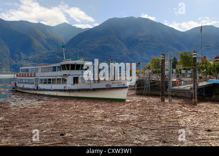 Après les tempêtes, est la baie de Locarno, Tessin, Suisse contaminée pour semaines avec du bois flotté Banque D'Images