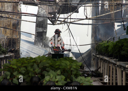 Un pompier au milieu des décombres d'un incendie et l'effondrement du toit Banque D'Images