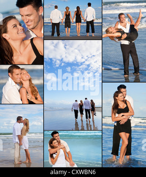 Quatre jeunes gens, deux couples, se tenant la main, s'amuser et se détendre sur une plage ensemble dans le soleil d'été dans l'amour Banque D'Images