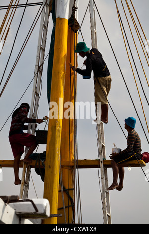 La peinture à l'eau Mâts d'un bateau à voile traditionnel dans le Port Sunda Kelapa à Jakarta, Indonésie Banque D'Images