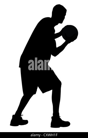 La silhouette d'un joueur de basket-ball avec ballon isolé sur fond blanc Banque D'Images