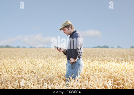 Farmer using cell phone in crop field Banque D'Images