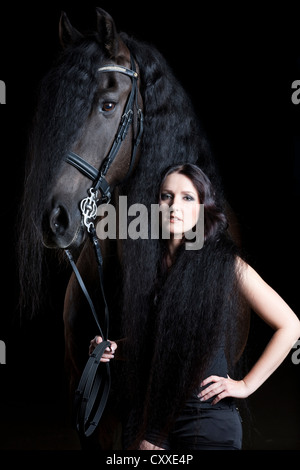 Frison frisons ou race avec jeune femme enveloppée dans sa longue crinière, cheval hongre, cheval noir Banque D'Images