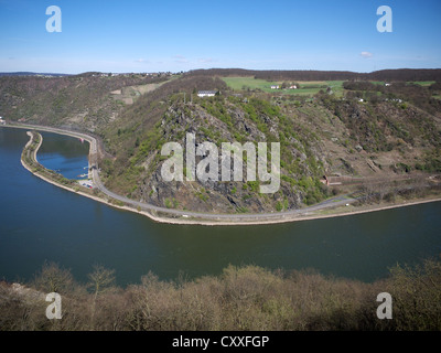 Vue sur le Rhin et la Loreley Rock vu de Saint- Goar, St Goarshausen, Rhénanie-Palatinat Banque D'Images