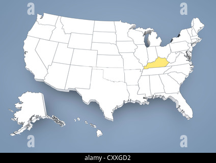 Kentucky (KY), mis en évidence sur une carte en courbes de USA, United States of America, 3D illustration Banque D'Images