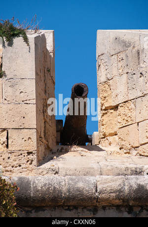 Un canon fait partie des défenses de la 16e siècle fort Saint-elme à Valletta, Malte. Banque D'Images