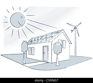 Maison avec des panneaux solaires et une éolienne de petite puissance, illustration Banque D'Images