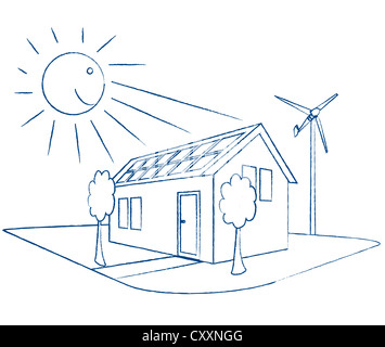 Maison avec des panneaux solaires et une éolienne de petite puissance, illustration Banque D'Images