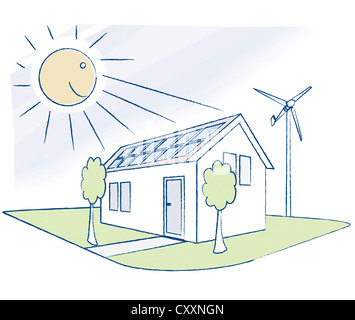 Maison avec des panneaux solaires et une éolienne de petite puissance, illustration Banque D'Images