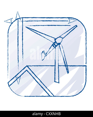 Petite éolienne sur un toit, dessin technique, illustration Banque D'Images