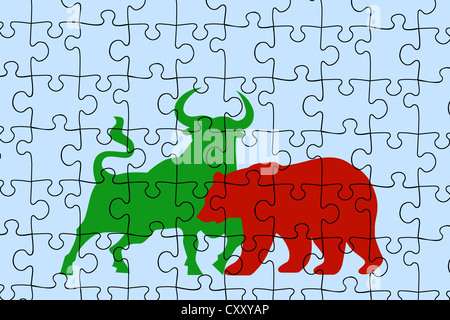 Puzzle, bull en bourse et portent des symboles, illustration Banque D'Images