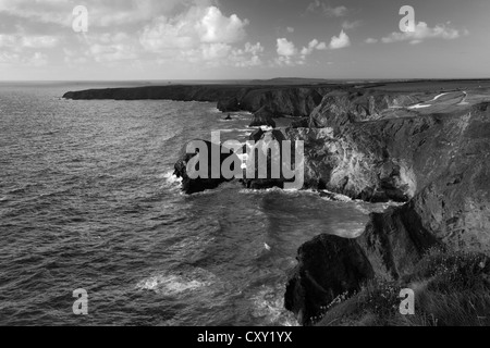 Image en noir et blanc de Bedruthan Steps sea stacks, Carnewas, de l'île Cornwall County ; Angleterre ; UK Banque D'Images