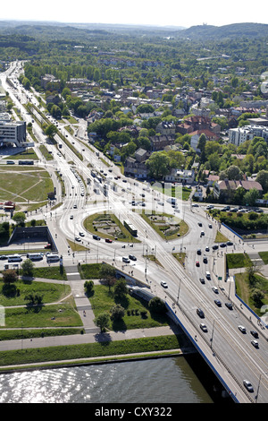 Rondo Grunwaldzkie, vue aérienne, Cracovie, Pologne, Europe Banque D'Images