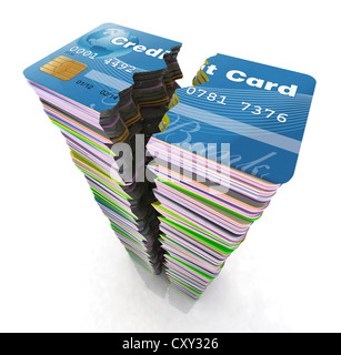 Pile de cartes de crédit, faillite, rupture concept 3d illustration Banque D'Images