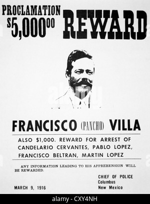 PANCHO VILLA (1878-1923) général de la révolution mexicaine. L'affiche américaine offrant une récompense après son attaque sur Columbus en 1916 Banque D'Images