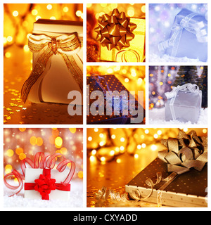 Vacances d'hiver concept collage avec collection de cadeaux de Noël coloré et ornements décorations Banque D'Images