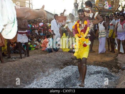 L'homme avec des offres portant un bébé sur son épaule effectuant une marche de feu rituel, Madurai, Inde du Sud Banque D'Images