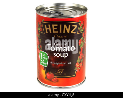 Boîte de crème de soupe de tomate Heinz isolé sur un fond blanc avec aucun peuple et un chemin de détourage Banque D'Images