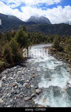 Ruisseau de montagne des Andes, Patagonie, Carretera Austral, Ruta CH7 route, autoroute panaméricaine, région de Los Lagos, au Chili, en Amérique du Sud Banque D'Images