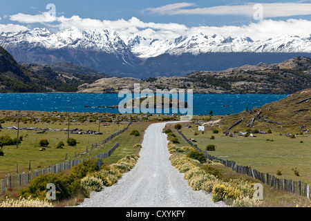 Le bleu profond Lac General Carrera sur la Carretera Austral, les sommets enneigés des Andes à l'arrière, le lac Lago Buenos Aires Banque D'Images