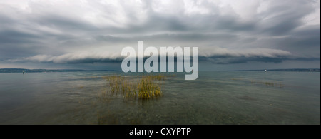 Barrière de nuages, nuage, avec tempête et des vagues sur le lac de Constance près de Constance, Bade-Wurtemberg Banque D'Images