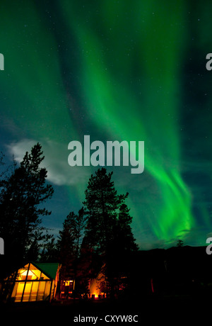 Allumé Allumé, wall tente, cabine avec lumières polaires du nord tourbillonnante, Aurora Borealis, vert, près de Whitehorse, Territoire du Yukon Banque D'Images