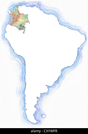 Dessiné à la main très détaillée Carte de la Colombie à l'intérieur du contour de l'Amérique du Sud Banque D'Images