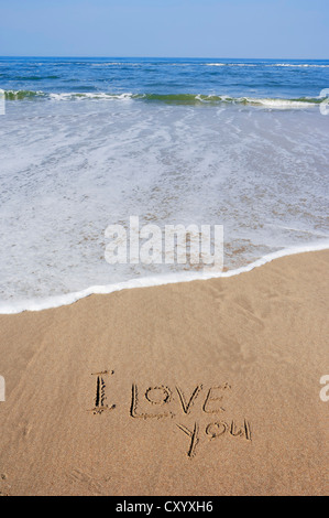 Je vous aime, le lettrage sur le sable sur une plage, Castricum aan Zee, Pays-Bas du Nord, Pays-Bas, Europe Banque D'Images