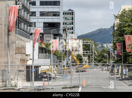 Clôture, frontière de l'évacué CBD Zone rouge, city cente de Christchurch, endommagées par les tremblements de terre, Île du Sud, Nouvelle-Zélande Banque D'Images